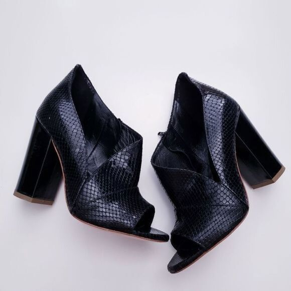 Marc‎ Ellis Black Leather Snake Embossed Open Toe Bootie - Picture 2 of 7